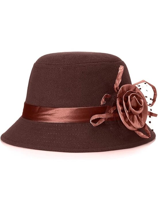 Women\'s Dark Coffee Vintage Felt Cloche inter Floral Fedora Imported Bucket Hat